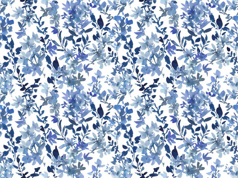 Watercolor indigo blue wild flowers seamless pattern on a transparent background for fabric, stationary and surface design
