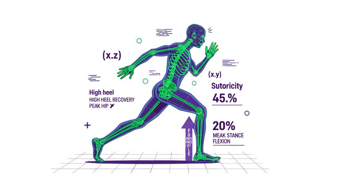 Sprinter Biomechanics Max Velocity Analysis, Low Poly Athlete Upright Stride with Vertical Force Vectors and HUD Data
