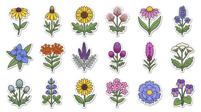 A clean, playful sticker-sheet style illustration of sixteen meadow and prairie grass flower icons arranged in a loose grid on a white background