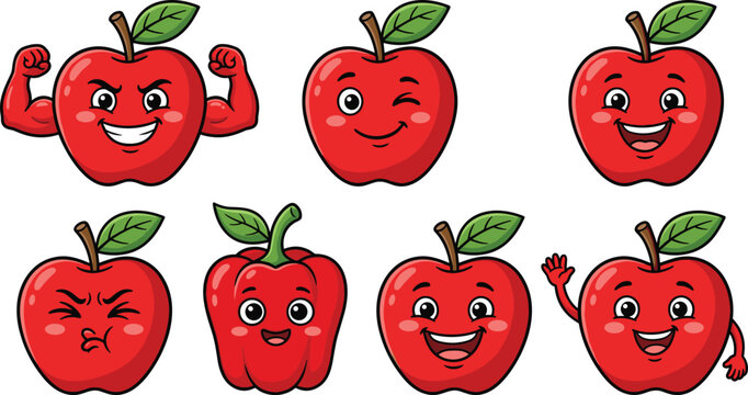 Cute cartoon red apple character vector set with funny expressive face emojis and poses