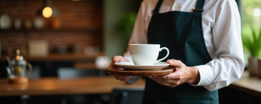 Aproned server carries tea tray, white cup prominent , catering service, catering supplies
