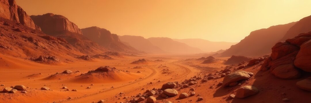 Dusty red Martian surface, vast expanse of rocks and canyons, environment, cosmos, rover