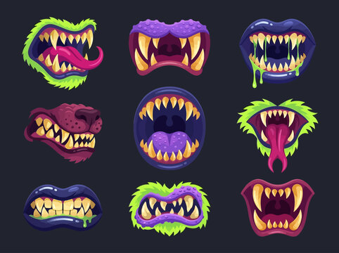 Cartoon Monster Mouths Set with Sharp Teeth Fangs and Tongues