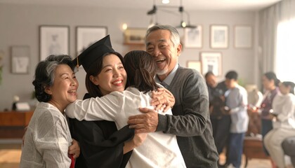 Obraz premium Happy Asian Family Celebrating Graduation with Hugs and Smiles.