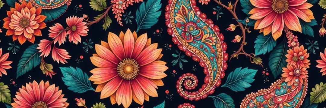 Intricate vintage floral paisley, seamless Indian textile design, traditional, retro