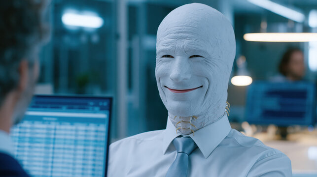 Surreal smooth-faced man smiling in a blue office showing corporate conformity
