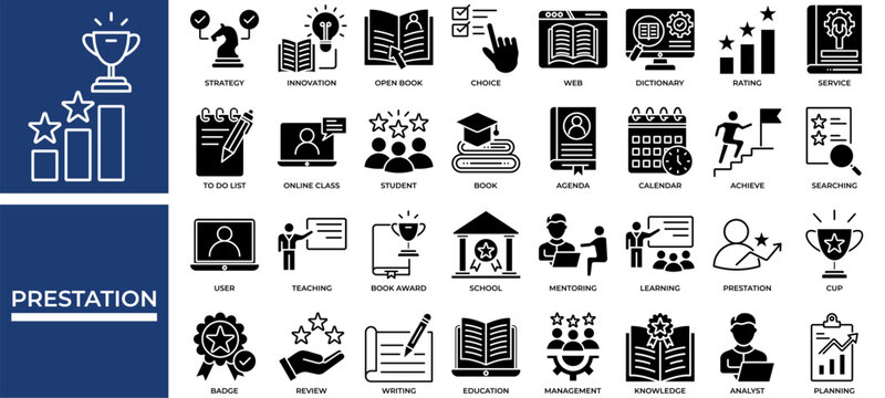 Prestation icon set collection. Containing achieve, teaching, review, searching, planning, survey, knowledge .Solid vector icons collection