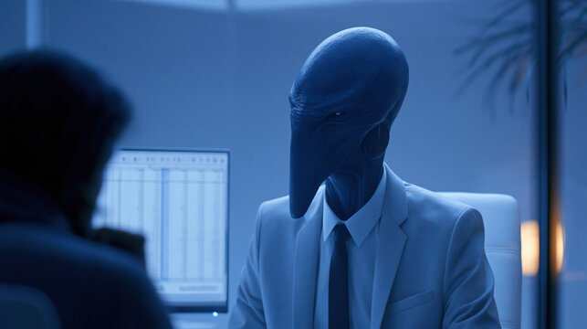 Faceless suited figure in a cold blue office evoking corporate surreal anonymous authority