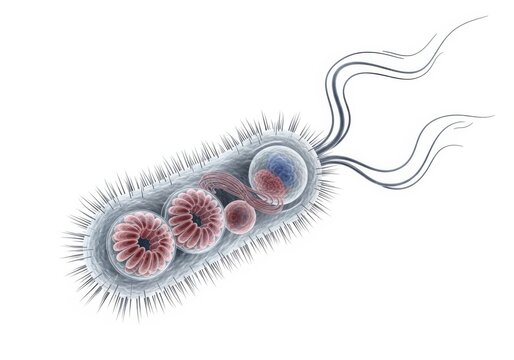 Isolated scientific illustration of a bacterium with flagella and internal structures isolated on white background