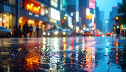 Obraz premium Rainy Cityscape Reflections - A Vibrant Urban Scene at Night.