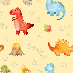 Seamless watercolor dinosaur pattern with volcanoes, eggs, footprints and roar lettering on yellow. Repeating design for fabric, pajamas, bedding, nursery textiles, wrapping paper and party supplies. © Evgeniia
