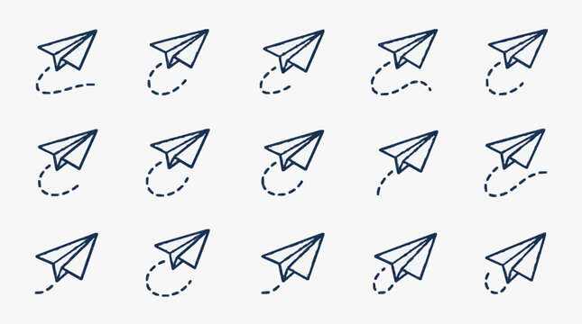 Collection of paper airplanes in flight with dotted lines.