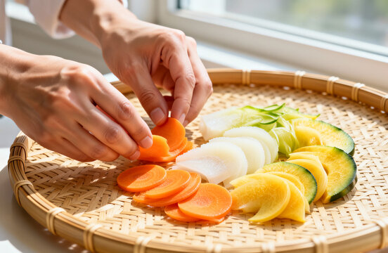 竹ざるに並べたにんじんや大根などのカット野菜を両手で丁寧に盛り付ける料理の下ごしらえ風景