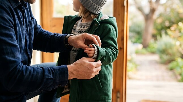 Father helping child put on green jacket outside home doorway