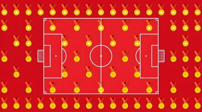 A football field illustration on a red background, surrounded and filled with numerous gold medals, symbolizing victory and achievement in sports.