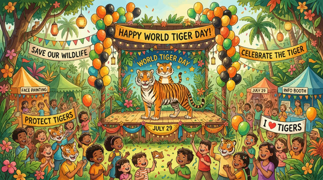 Children celebrate World Tiger Day with vibrant decorations and tiger illustrations