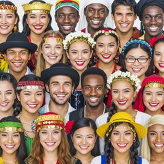 Obraz premium Artistic montage of joyful expressions with direct eye contact and traditional costumes, highlighting vibrant global heritage, happy, headwear, smile