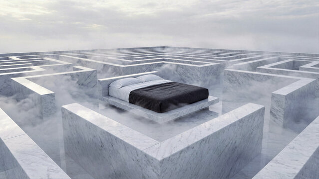 Elevated view of a clean bed situated in the center of an open-air white marble labyrinth filled with light fog