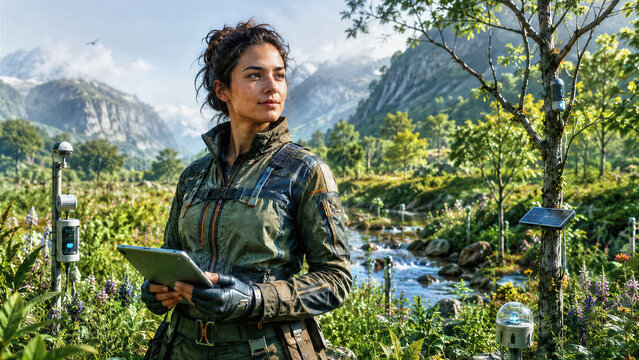 Portrait of dedicated bio tech specialist standing in flourishing landscape they helped restore nature sensors
