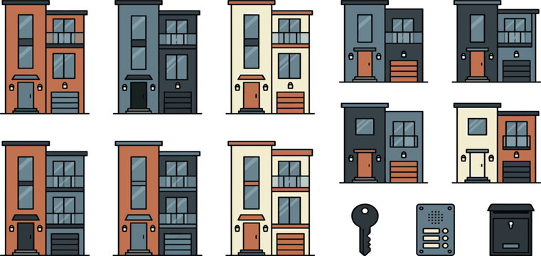 Modern townhouse building vector collection featuring contemporary duplex apartment houses real estate property architecture layout key intercom and mailbox icons