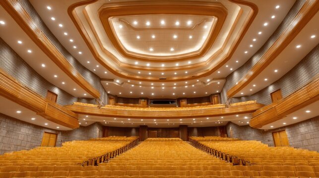 Elegant concert hall interior showcasing luxurious wooden accents and plush seating, designed for memorable performances and events in a spacious environment