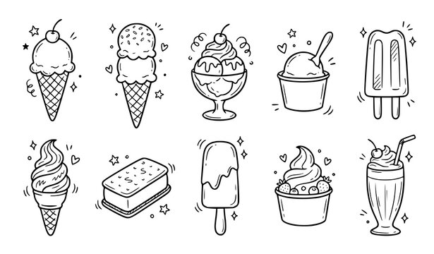 Hand Drawn Ice Cream Doodle Set with Waffle Cone Popsicle Sundae and Sketch Style Dessert Vector