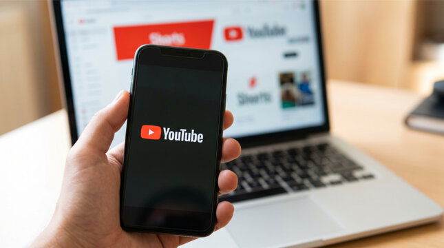 Male hand holding a smartphone iPhone with the YouTube application logo on the screen. Laptop computer displaying the YouTube website interface in the background. Mobile app, video streaming brand.