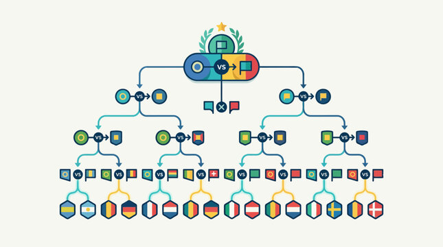 Visual representation of a tournament bracket with team flags and game progress indicators