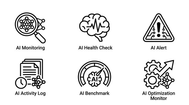 A collection of six icons representing different aspects of artificial intelligence monitoring and analysis