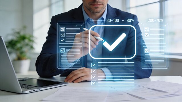 Performance metrics evaluation with digital checklist, percentage stats, and glowing check mark for project success and quality assurance