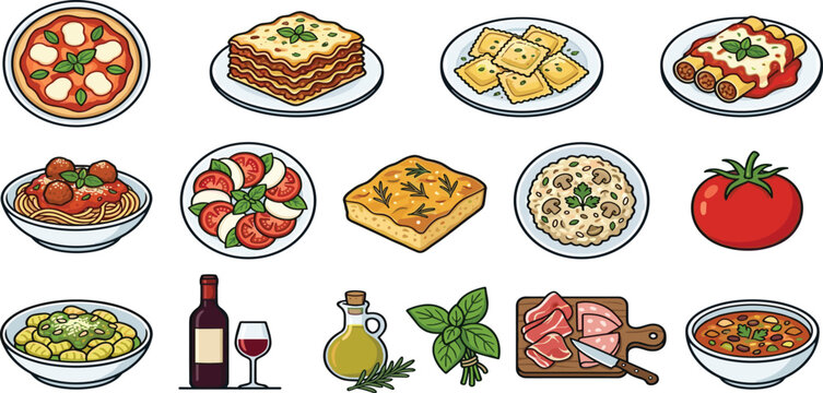 Traditional Italian food vector collection featuring pizza lasagna ravioli cannelloni spaghetti meatballs caprese salad risotto gnocchi and minestrone soup dishes set