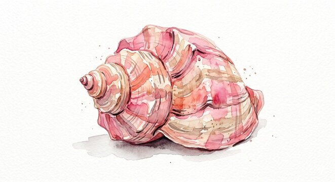Watercolor Spiral Pink Seashell Isolated Illustration