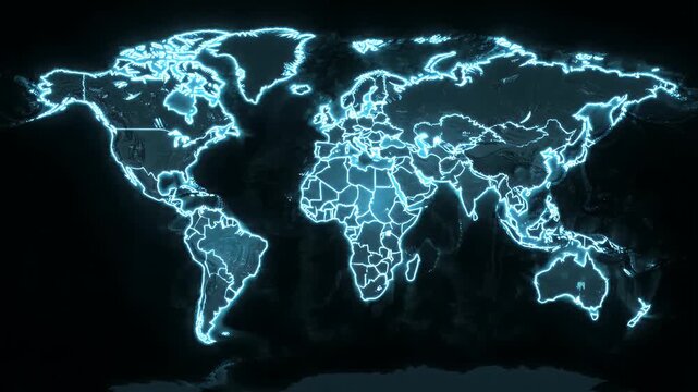 Illuminated World Map Continents Neon Outline on Dark Background - A digital representation of the world map on a dark, textured background.