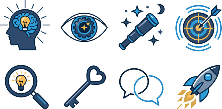 Business innovation and corporate strategy thick line flat vector icon set startup rocket target