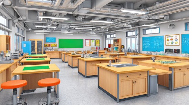 Modern science laboratory interior with wooden workbenches, bright lighting, and educational posters showcasing charts and diagrams for students