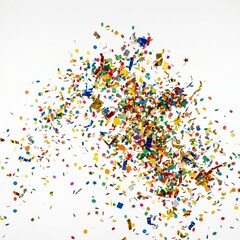 Obraz premium Scattered colorful confetti and streamers on a white background celebrating a festive event or party
