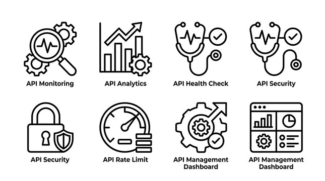 A set of eight icons related to API management and security