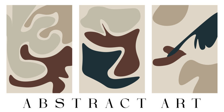 abstract art poster set featuring modern organic blob shapes and liquid wavy patterns on a minimalist bohemian cream background template