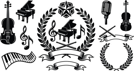 Music Performance Vector Set with Piano Violin Microphone and Laurel Emblems © Afjal12