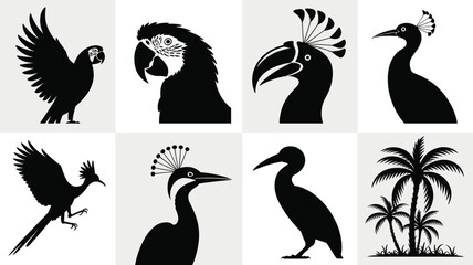 Fototapeta premium Elegant Tropical Bird Silhouette Collection with Exotic Parrot, Crane, Stork, and Palm Tree Designs