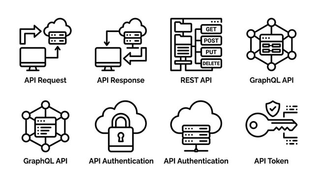 A set of icons representing API-related concepts and technologies