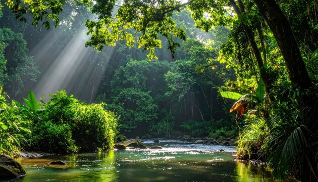 Sunlight rays shining through tropical jungle canopy over river