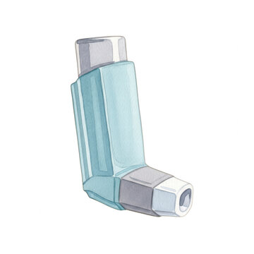Watercolor illustration of a medical asthma inhaler