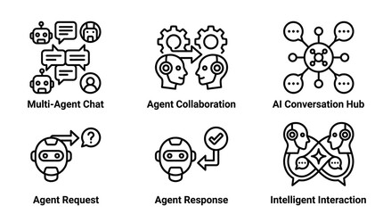 Fototapeta premium A simple diagram illustrating various concepts related to AI and agent interactions, featuring line drawings and short descriptive phrases