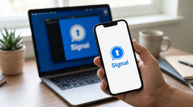 Hand holding a smartphone iPhone with Signal messenger app logo on screen. Laptop with Signal application on desk background. Privacy, security, encrypted messaging and communication concept.