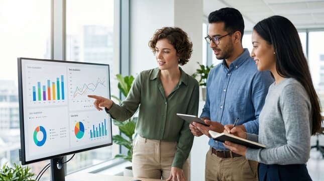 Business team analyzing data charts on screen in modern office, corporate strategy and financial planning meeting