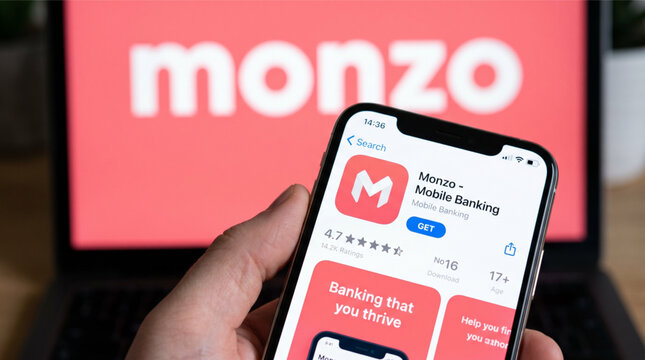 Hand holding smartphone iPhone with Monzo mobile banking app on the Apple App Store screen. Background laptop with Monzo logo. Fintech, finance, digital bank, banking, money, and technology concept.
