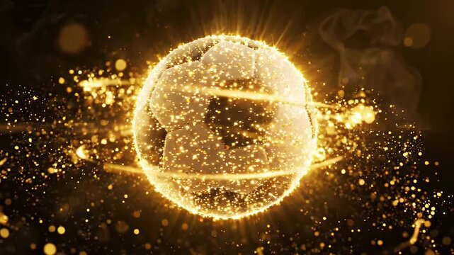 Sparkling Soccer Ball with Golden Light Effects - A soccer ball is shown with glowing golden particles and light effects, set against a dark, smoky background.