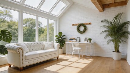 Fototapeta premium Bright airy sunroom with white Chesterfield sofa, large windows, skylights, wooden beams, and green plants creating a cozy natural living space interior design concept.