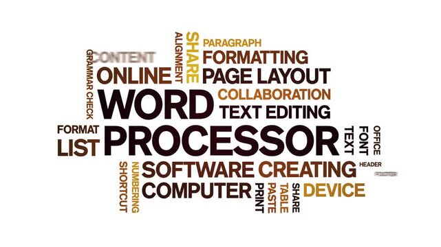 Word Processor animated word cloud-text design animation tag kinetic typography seamless loop.